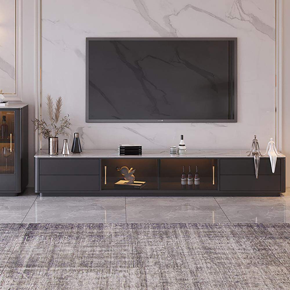 Black TV Stand Stone Top 4-Drawer Glass Doors Media Console in Small-Richsoul-Furniture,Living Room Furniture,TV Stands