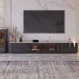 Black TV Stand Stone Top 4-Drawer Glass Doors Media Console in Small-Richsoul-Furniture,Living Room Furniture,TV Stands