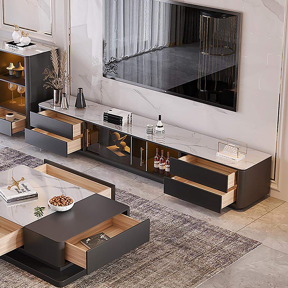 Black TV Stand Stone Top 4-Drawer Glass Doors Media Console in Small-Richsoul-Furniture,Living Room Furniture,TV Stands