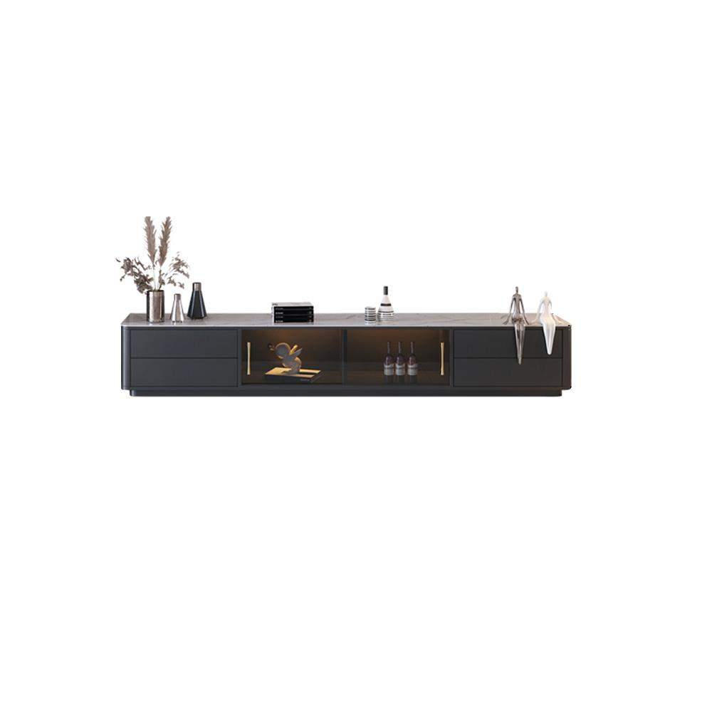 Black TV Stand Stone Top 4-Drawer Glass Doors Media Console in Small-Richsoul-Furniture,Living Room Furniture,TV Stands