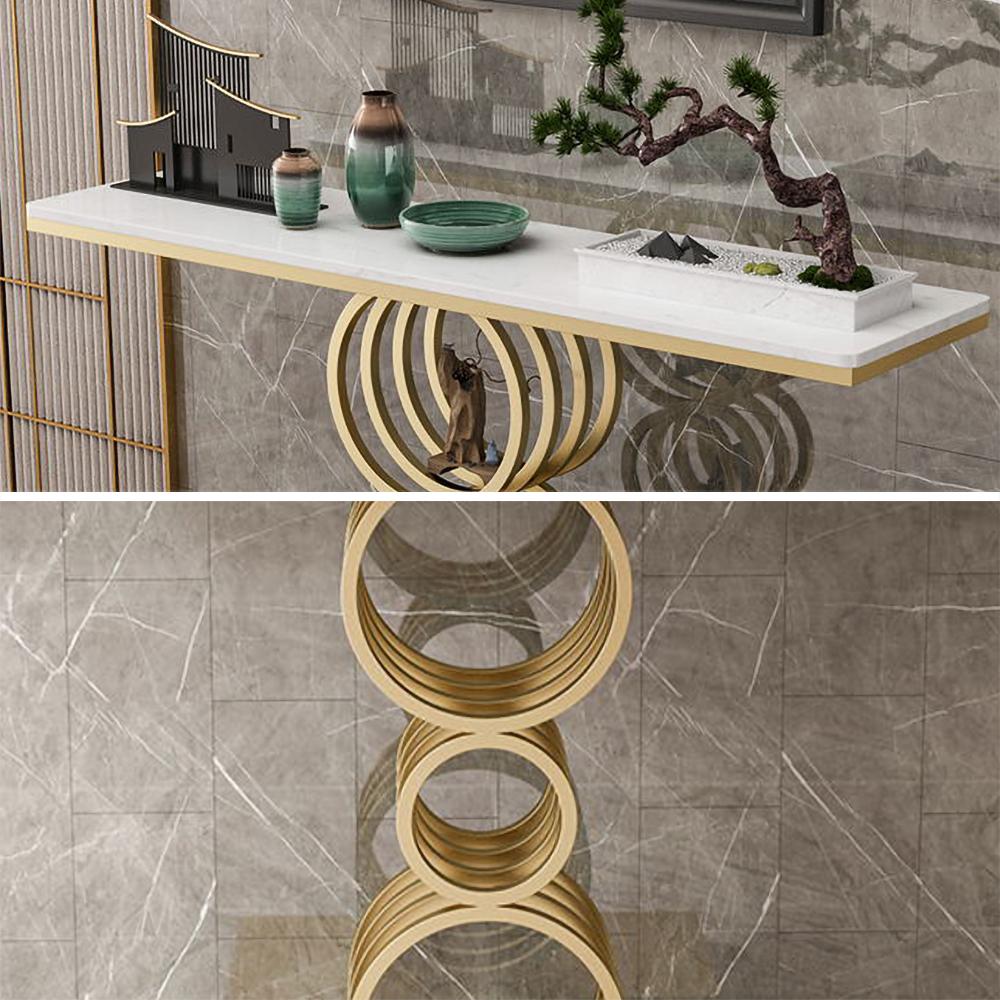 White Narrow Console Table Marble Top Entryway Table with Metal Base