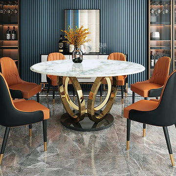 59.1" Contemporary Round Dining Table Set of 7 with Upholstered Chairs