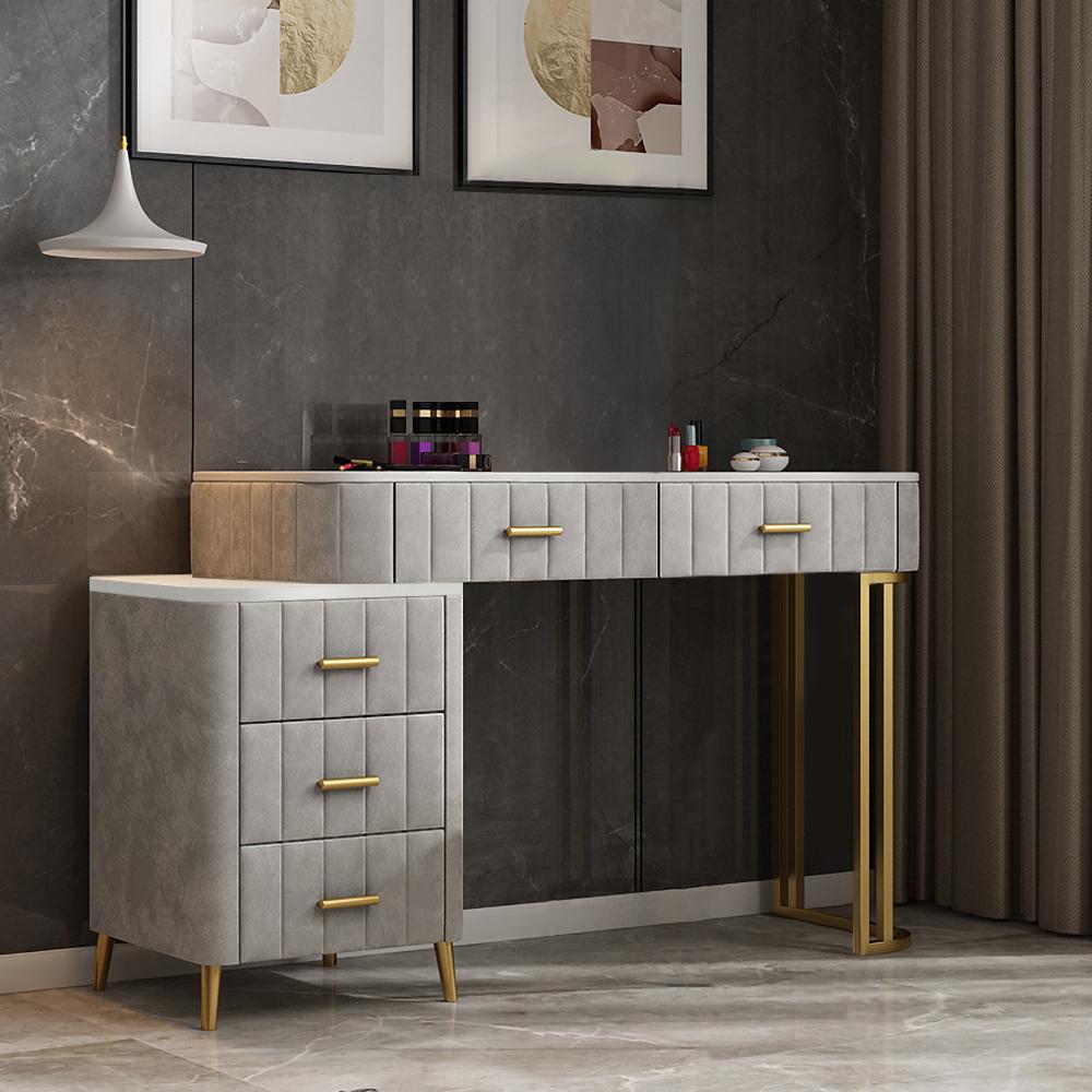 Modern Gray Upholstered Makeup Vanity Table Expandable Dressing Table with Cabinet