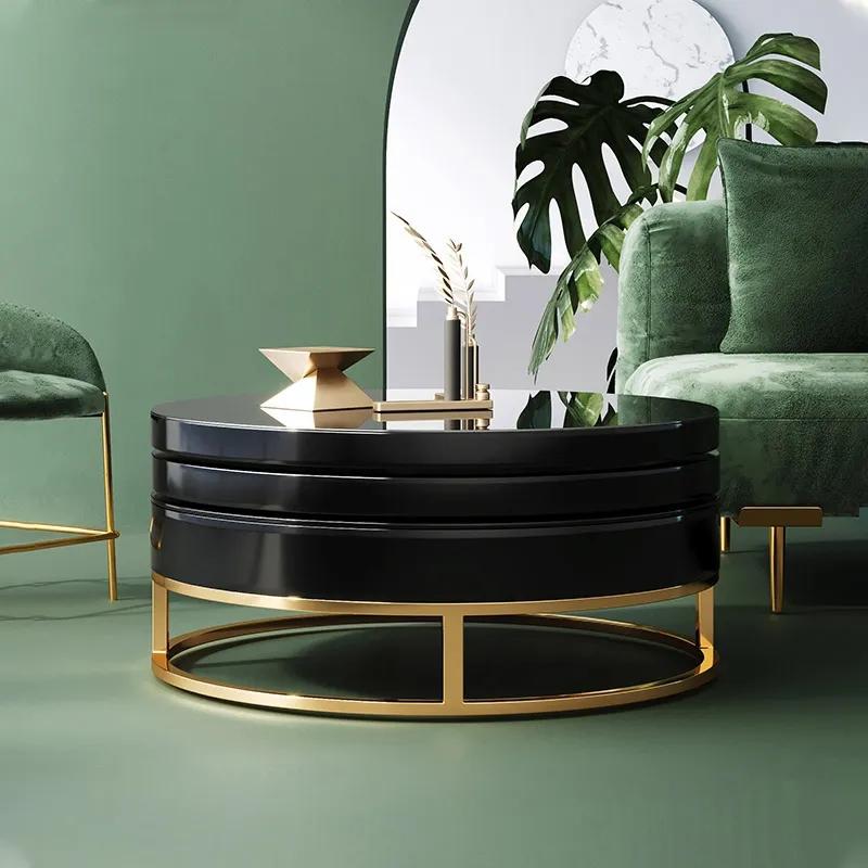 White Round Modern Wood Swivel Coffee Table with Storage Drawer in Gold