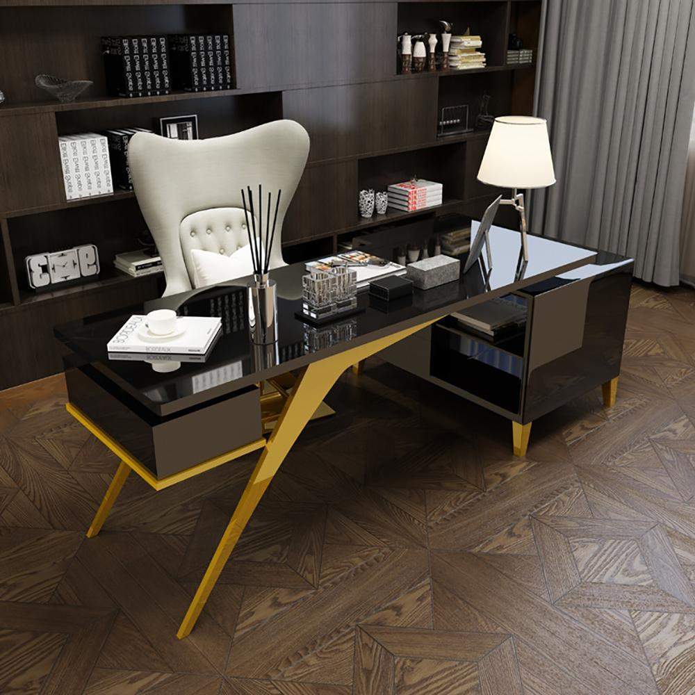 55.1" Ultra Modern L-Shape Writing Desk Computer Desk with Side Cabinet & Drawers-Desks,Furniture,Office Furniture