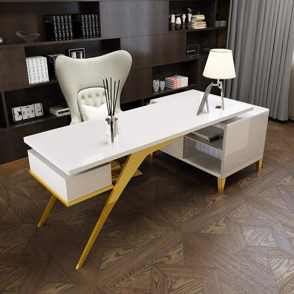 55.1" Ultra Modern L-Shape Writing Desk Computer Desk with Side Cabinet & Drawers-Desks,Furniture,Office Furniture