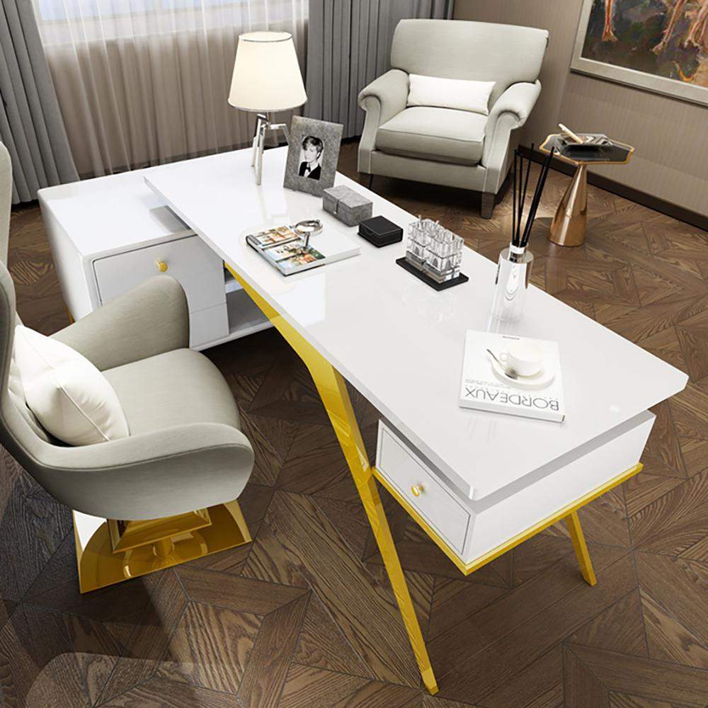 55.1" Ultra Modern L-Shape Writing Desk Computer Desk with Side Cabinet & Drawers-Desks,Furniture,Office Furniture