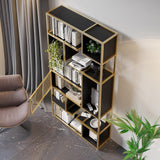 78" Modern Black Steel Geometric Bookcase 6-Tier Bookshelf Wooden Tall Book Shelf