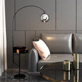 Modern Arc Floor Lamp with Drawer in Black with Glass Shade & Marble Base
