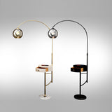 Modern Arc Floor Lamp with Drawer in Black with Glass Shade & Marble Base