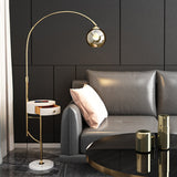 Modern Arc Floor Lamp with Drawer in Black with Glass Shade & Marble Base