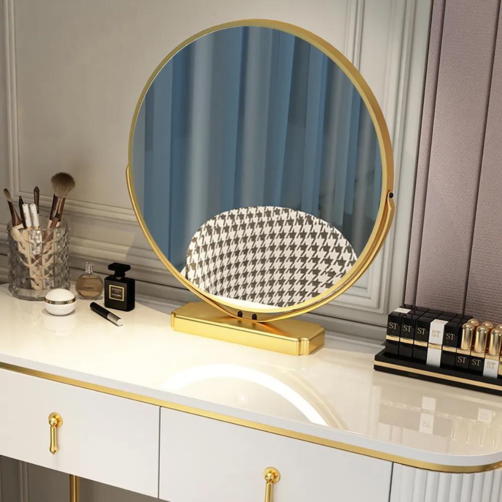 Nordic White Oval Glossy Makeup Vanity with 2 Drawers & Rotatable Mirror & Stool