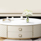 Orand Modern White Oval Marble Top Coffee Table Microfiber Leather with 2 Drawers