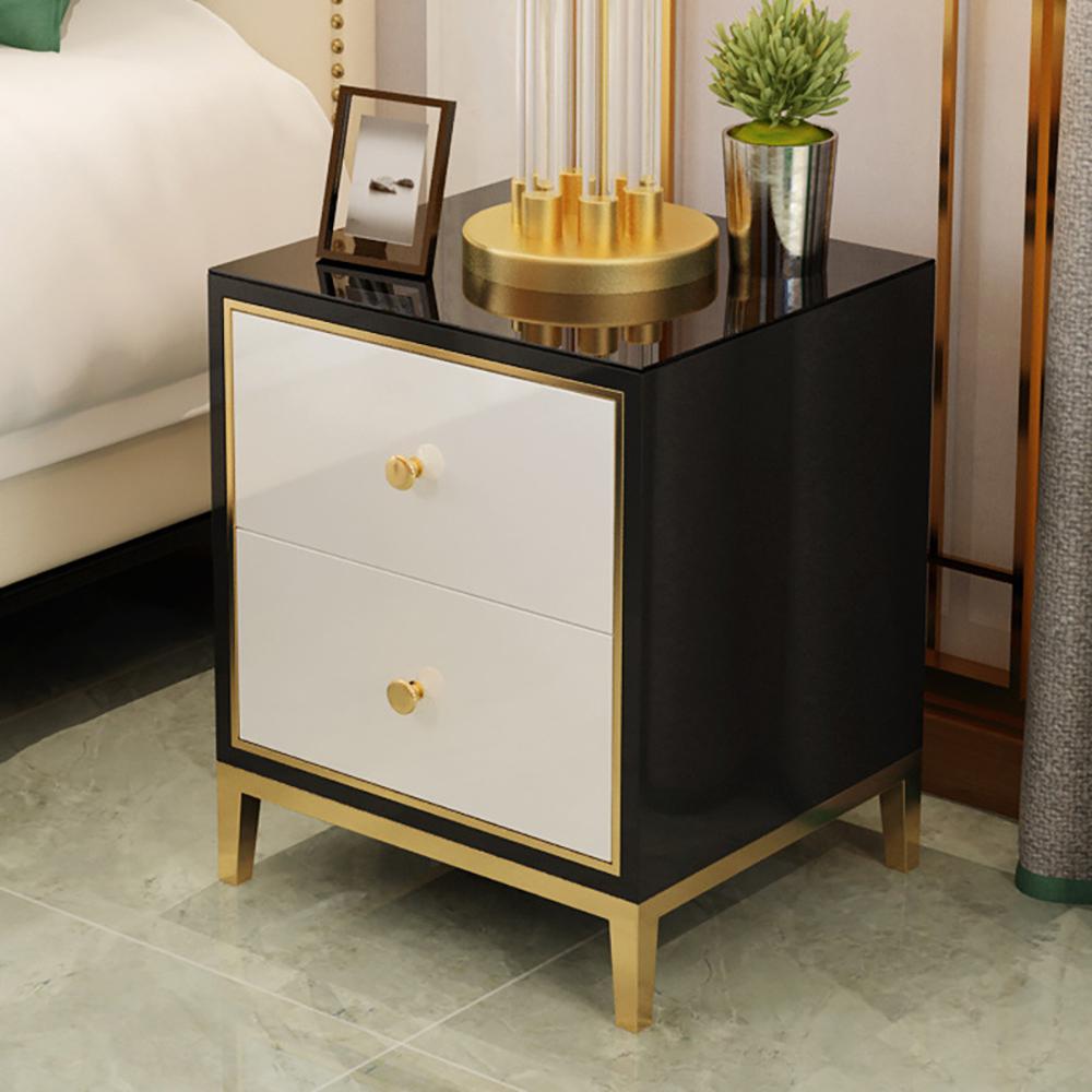 Modern Black & White MDF Nightstand with 2 Drawers and Stainless Steel Leg