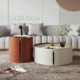 Round Coffee Table Sets with Saddle Leather & Plywood & Metal Set of 2
