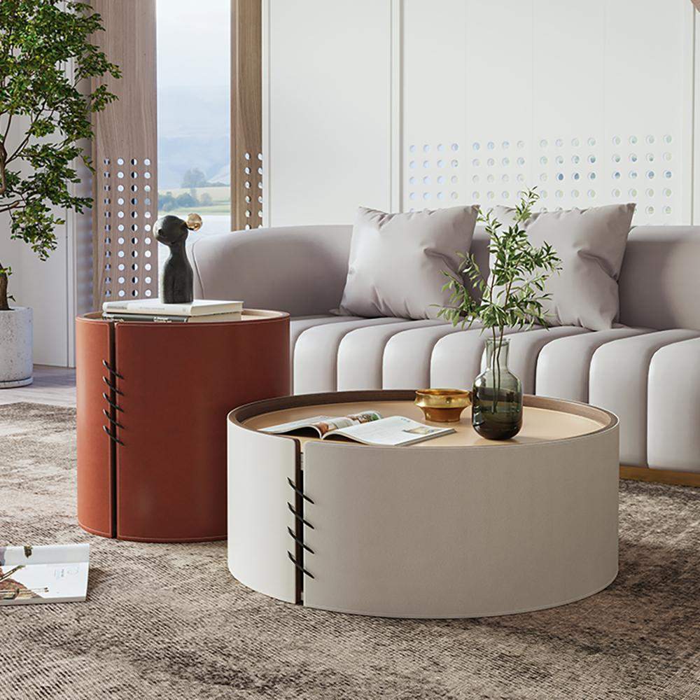 Round Coffee Table Sets with Saddle Leather & Plywood & Metal Set of 2-Richsoul-Coffee Tables,Furniture,Living Room Furniture