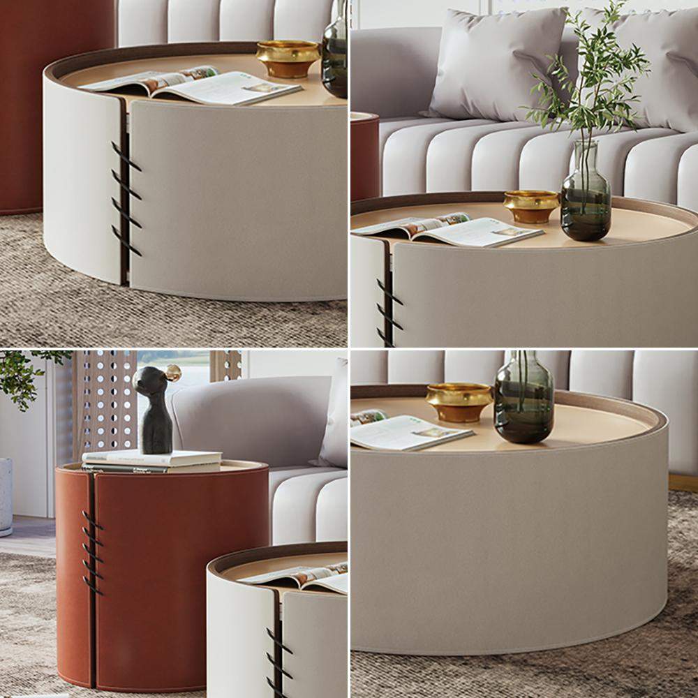 Round Coffee Table Sets with Saddle Leather & Plywood & Metal Set of 2-Richsoul-Coffee Tables,Furniture,Living Room Furniture