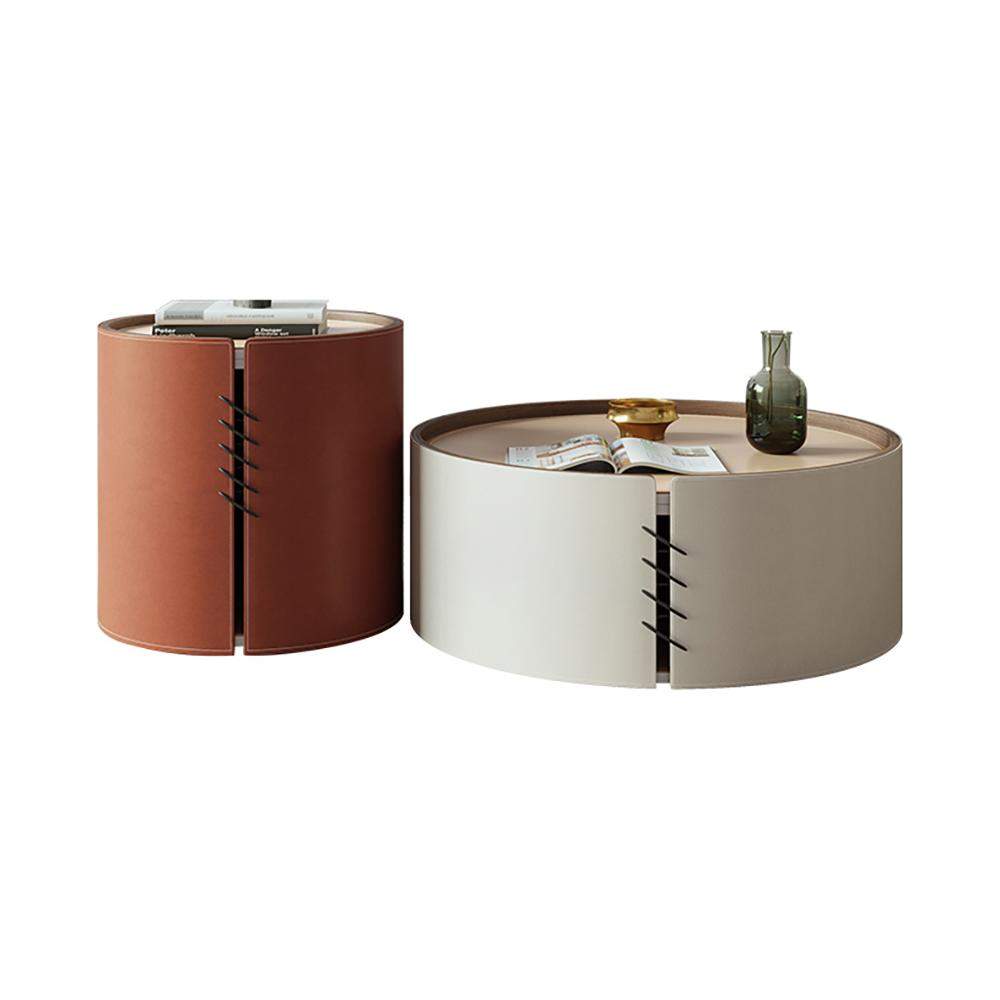Round Coffee Table Sets with Saddle Leather & Plywood & Metal Set of 2-Richsoul-Coffee Tables,Furniture,Living Room Furniture