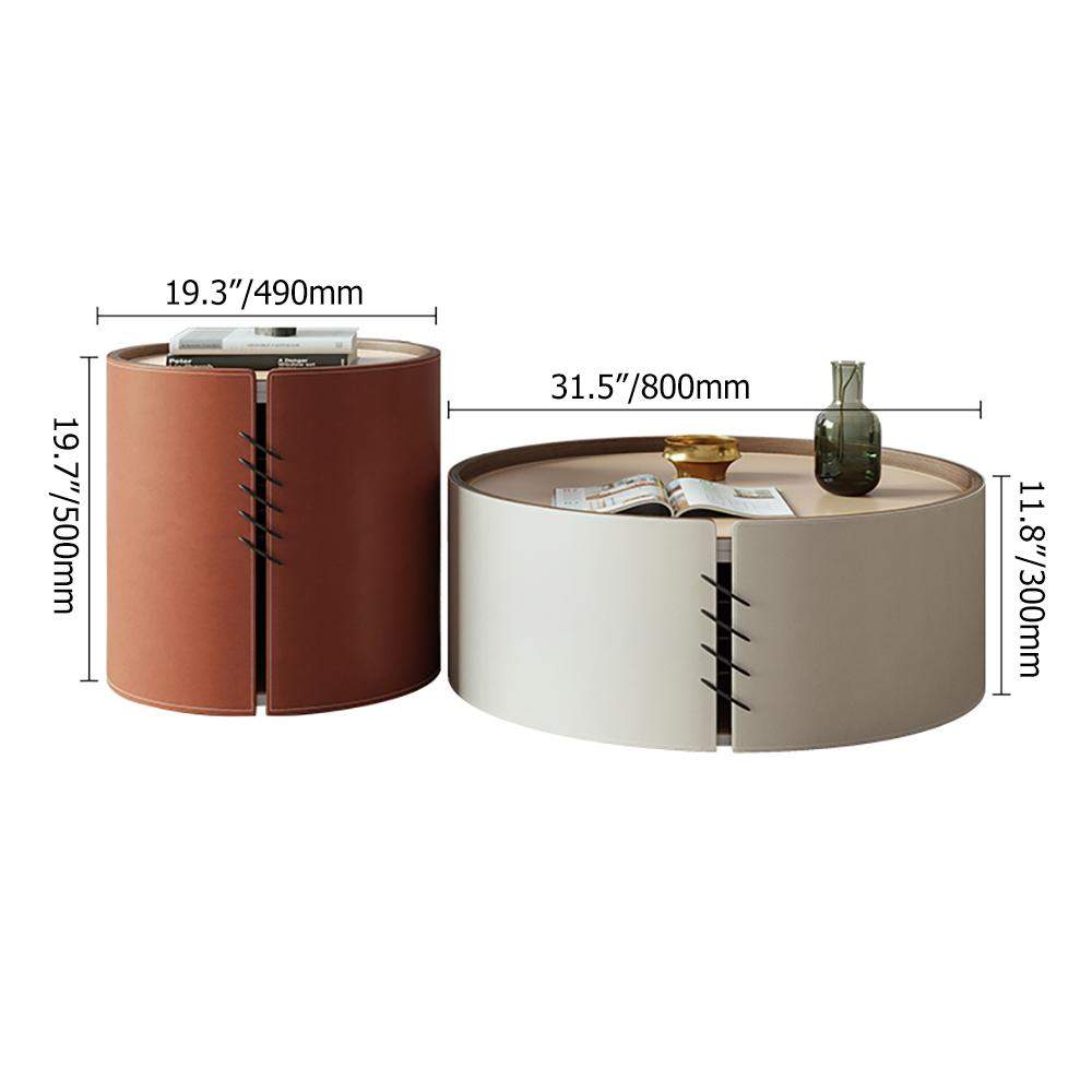 Round Coffee Table Sets with Saddle Leather & Plywood & Metal Set of 2-Richsoul-Coffee Tables,Furniture,Living Room Furniture