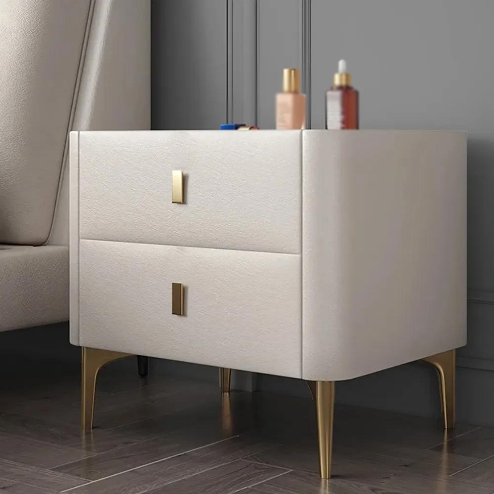 Modern Off White Nightstand 2-Drawer Bedside Cabinet with Stone Top & Microfiber Leather