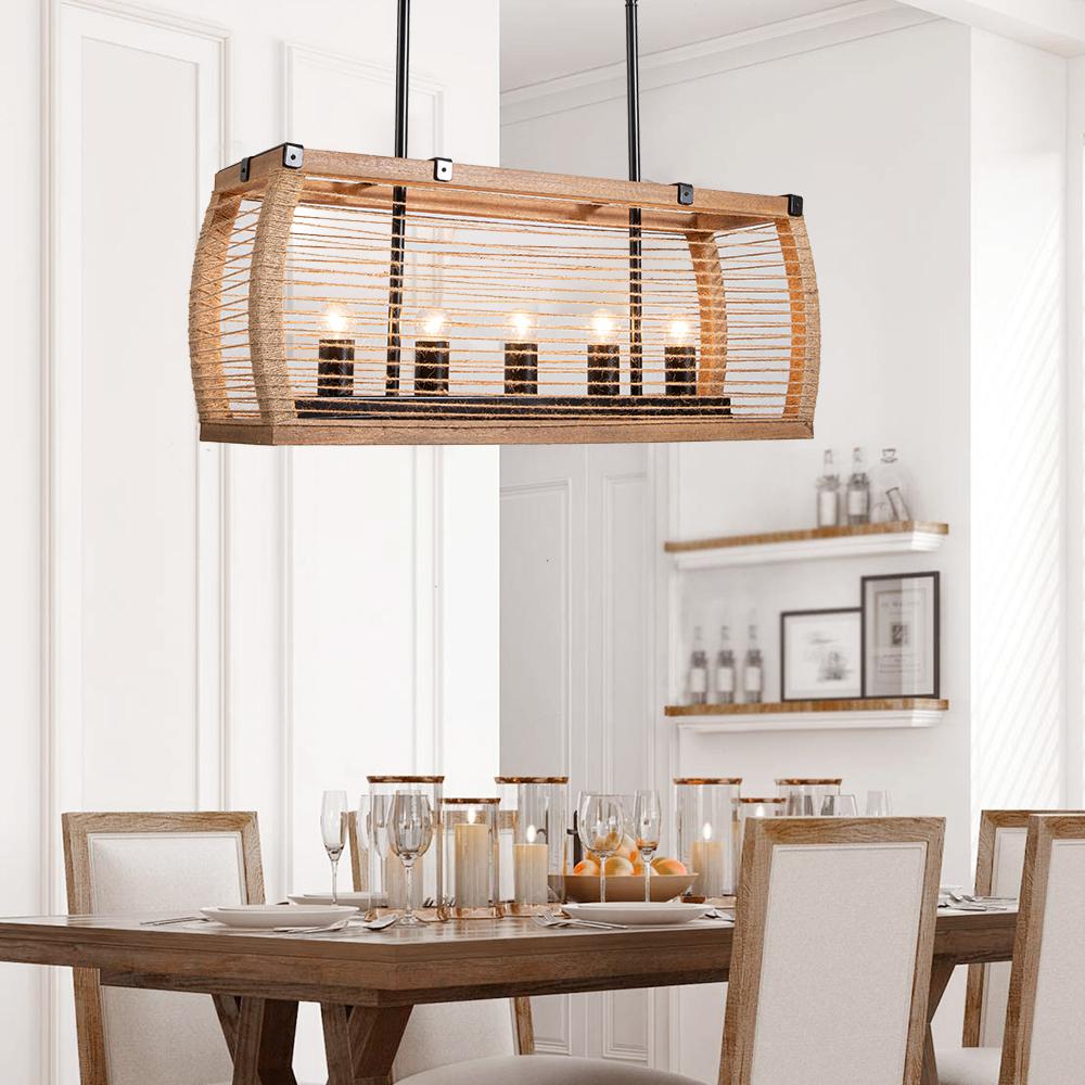 Rustic 5-Light Kitchen Island Linear Rectangle Pendant Light Wood Washed & Jute Rope