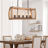 Rustic 5-Light Kitchen Island Linear Rectangle Pendant Light Wood Washed & Jute Rope
