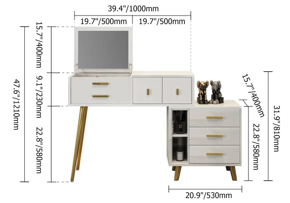 Modern White Makeup Vanity Extendable Dressing Table with Drawers & Flip Top Mirror