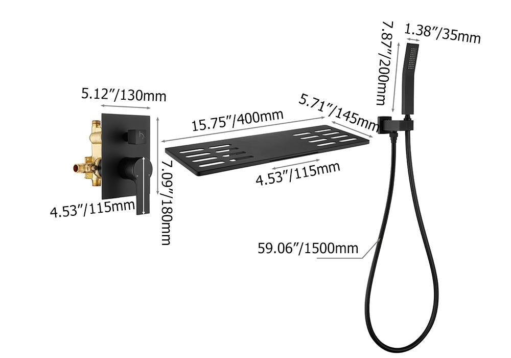 Modern Waterfall Wall Mounted Single Handle Bathtub Faucet With Handshower in Black