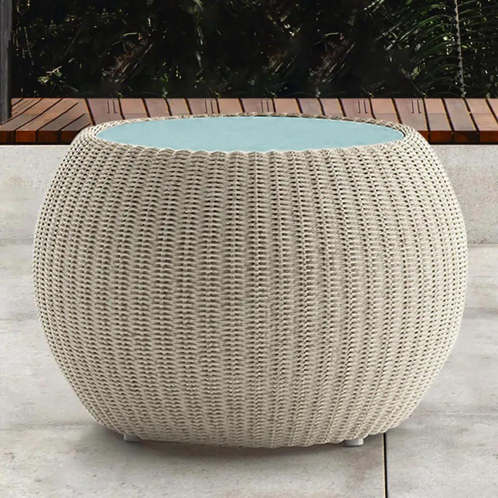 24.4" Rattan Glass-Top Khaki Coffee Table Side Table