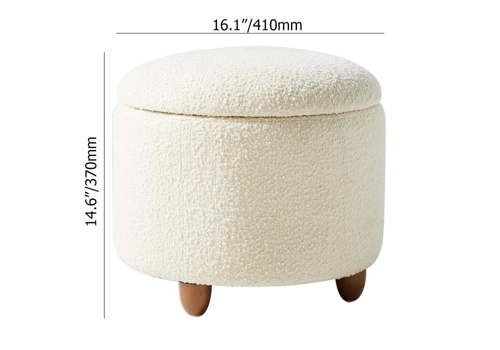 White Boucle Vanity Stool with Flip Top Storage Round Ottoman, Walnut Legs