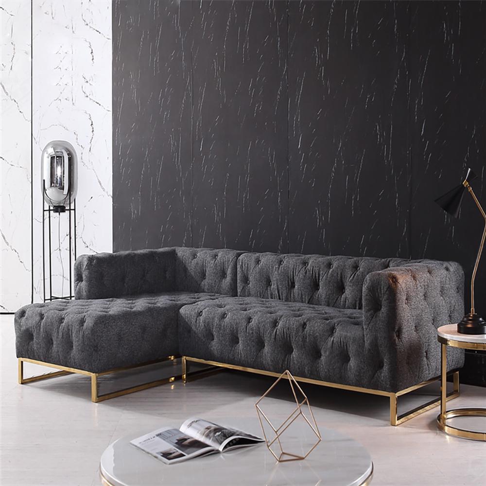 94.5" Modern Tufted Velvet Upholstered Sofa 3-Seater Sofa Gray Sectional in Gold Base