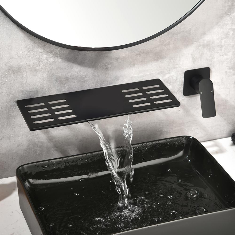 Modern Waterfall Wall Mounted Bathroom Sink Faucet Single Handle in Black