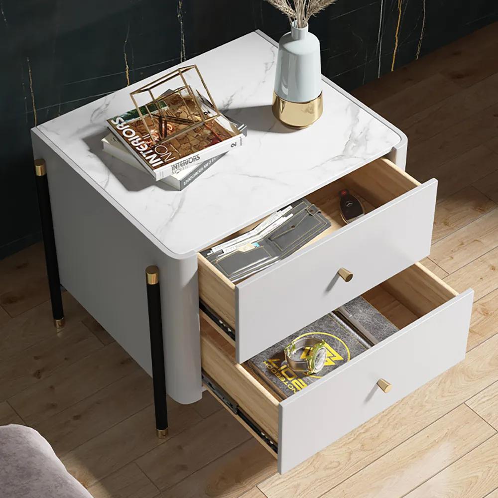 Modern Luxury Gray Nightstand 2-Drawer Bedside Table with Stone Top