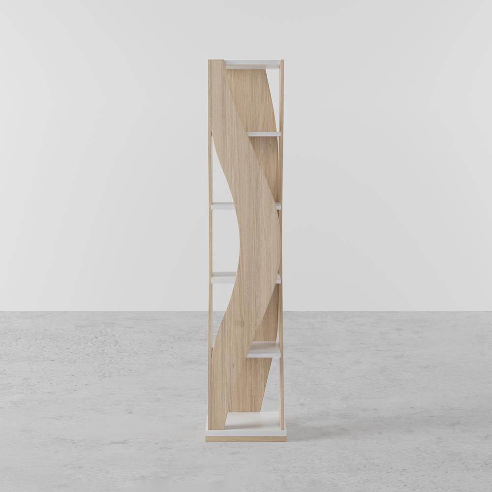 5-Tier Geometric Bookshelf Curved Shape Industrial Bookcase in Walnut & Black Rotating