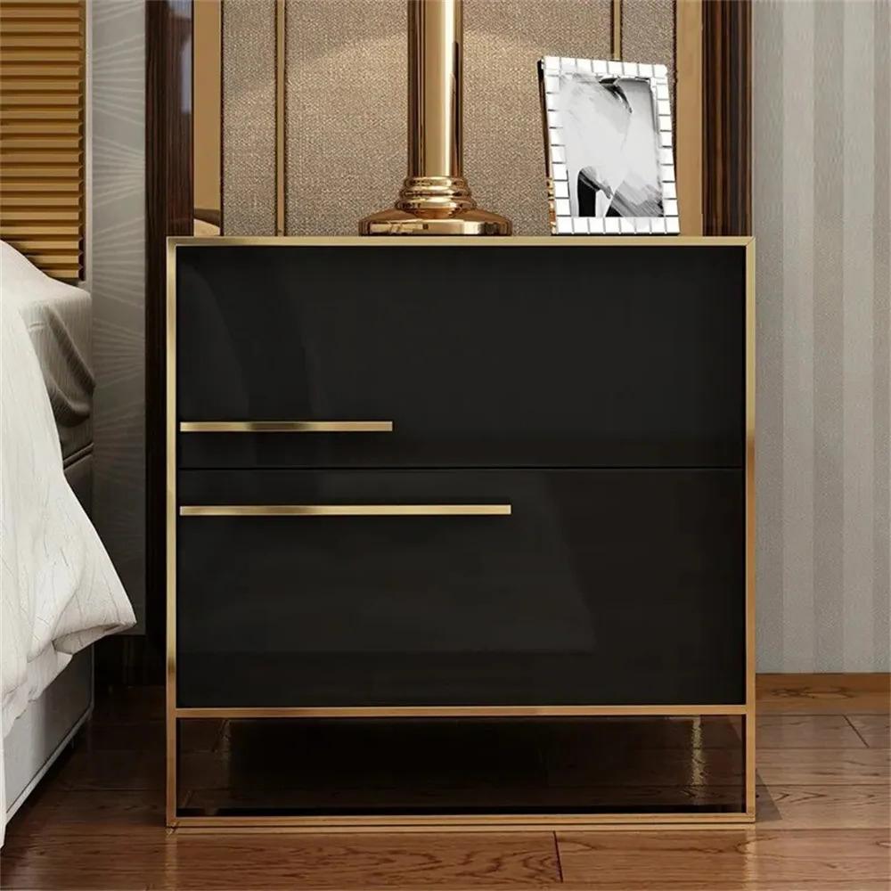 Modern 2 Drawers Black Lacquer Nightstand in Gold