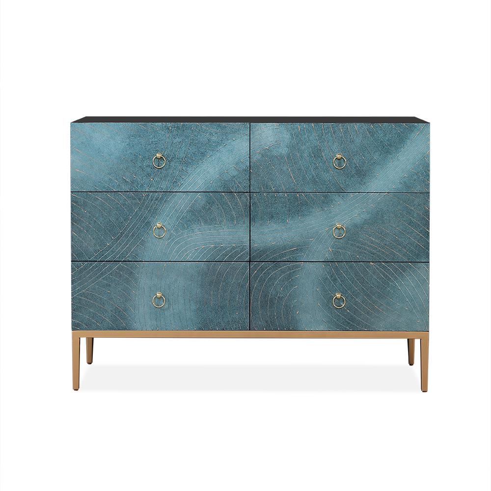 47" Blue-Green Dresser Artistic 6-Drawer Bedroom Cabinet in Gold