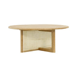 32" Modern Round Pine Wood and Rattan Coffee Table in Natural