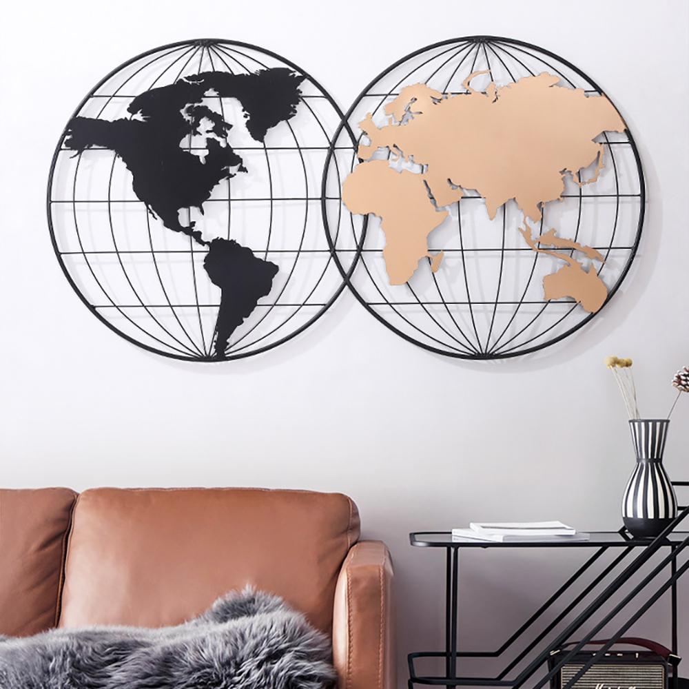 Modern Geometry Metal Round Frame Black & Rose Gold World Map Wall Decor