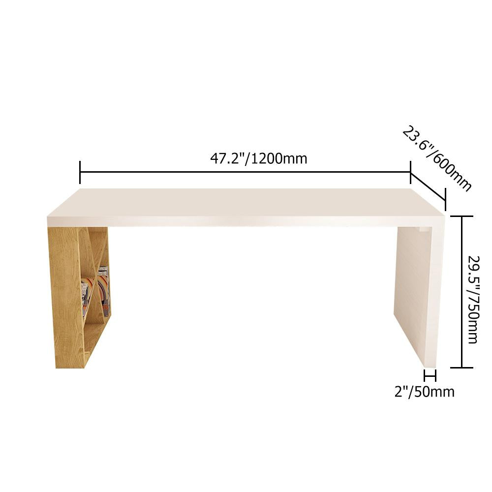 Modern White and Natural Rectangular Writing Desk with Shelves