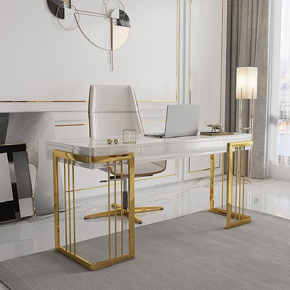 47" Glossy White Wooden Writing Desk Modern Desk Computer Desk with Drawers in Gold Base