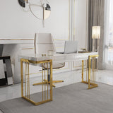 47" Glossy White Wooden Writing Desk Modern Desk Computer Desk with Drawers in Gold Base