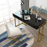 47" Glossy White Wooden Writing Desk Modern Desk Computer Desk with Drawers in Gold Base