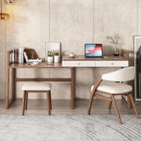 Modern I Shaped Desk Retracted & Extendable Corner Walnut Desk with Storage & 2 Drawers