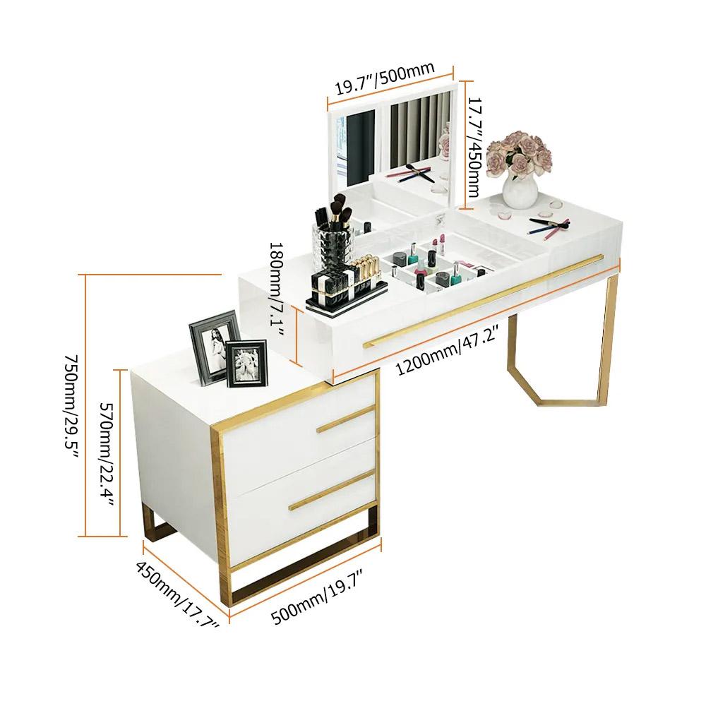 White Makeup Vanity with Flip Top Mirror & Side Cabinet and Drawers Golden Legs