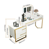 White Makeup Vanity with Flip Top Mirror & Side Cabinet and Drawers Golden Legs