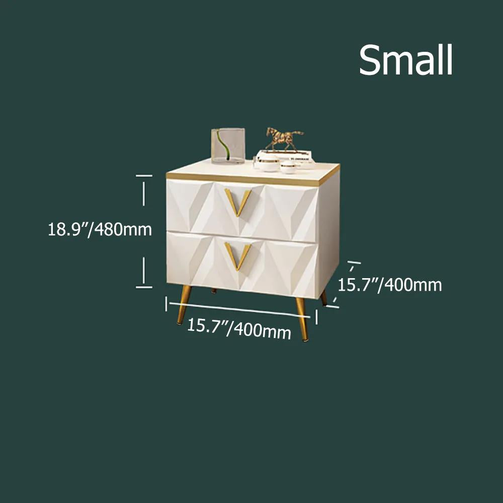 Nordic White Nightstand 3-Drawer Bedside Table V-Shaped Facet & Gold Pulls in Large