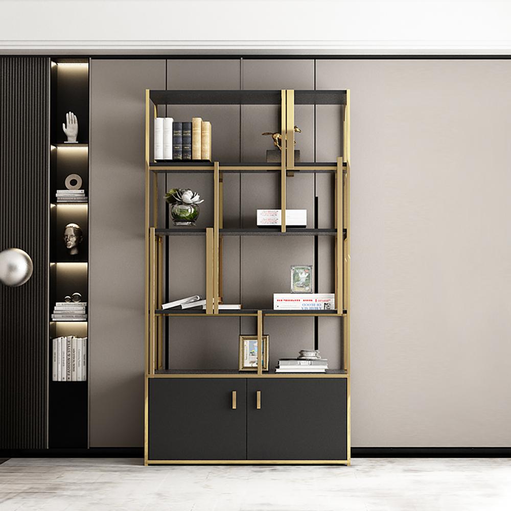 78" 5-Tier Black Bookshelf with Doors Storage Cabinet Gold Frame