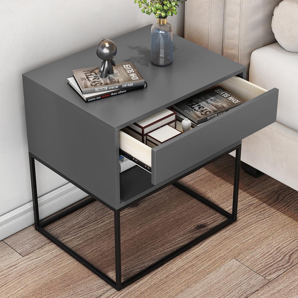 Blue Bedroom Nightstand with Drawer Bedside Table Metal Base