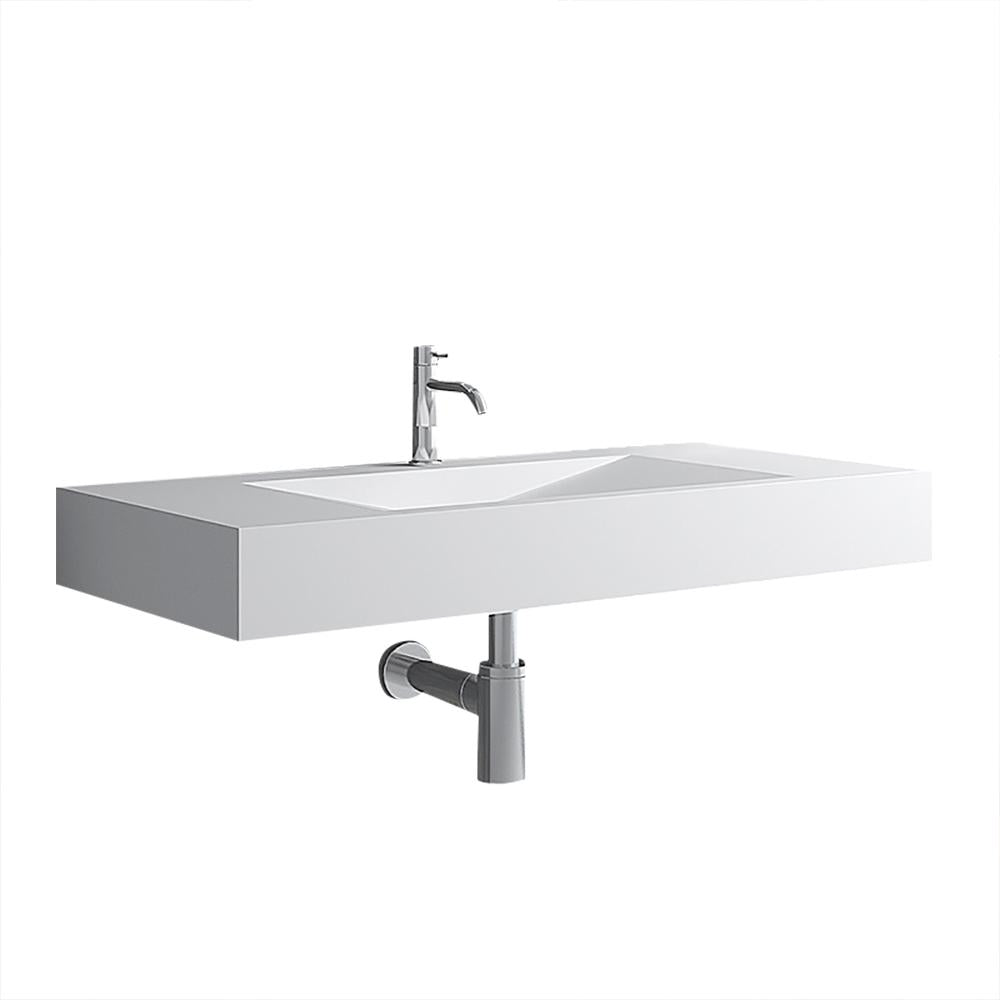 Glossy White Wall-Mount Floating Sink Solid Surface Stone Resin Bathroom V-Shaped Sink