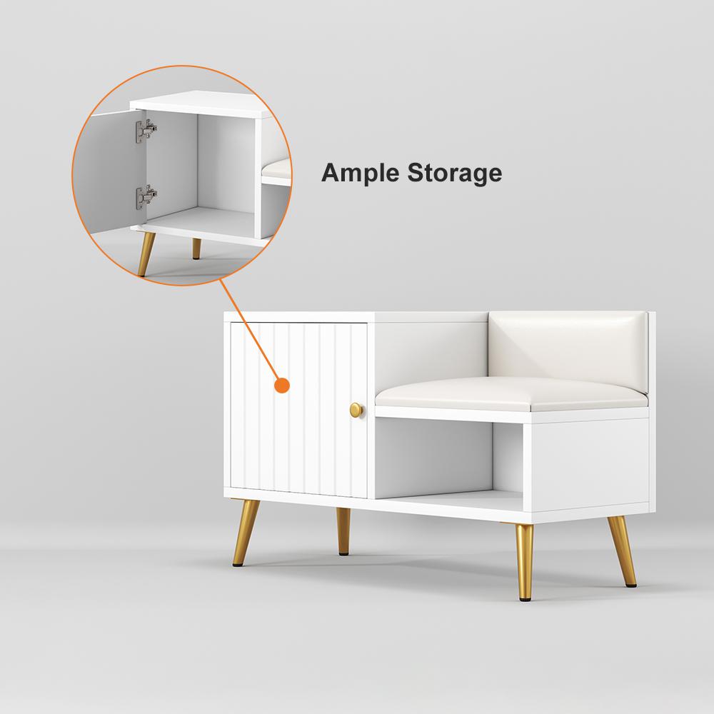 White Contemporary Upholstered Shoe Rack Bench with Storage Cabinet and Shelf Entryway